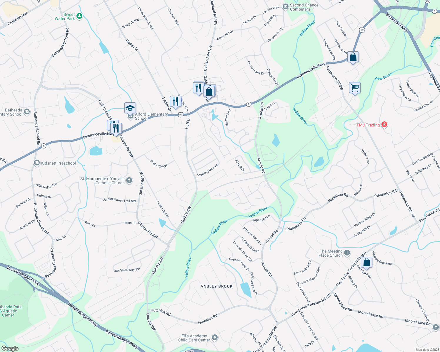 map of restaurants, bars, coffee shops, grocery stores, and more near 2377 Planters Cove Drive in Lawrenceville