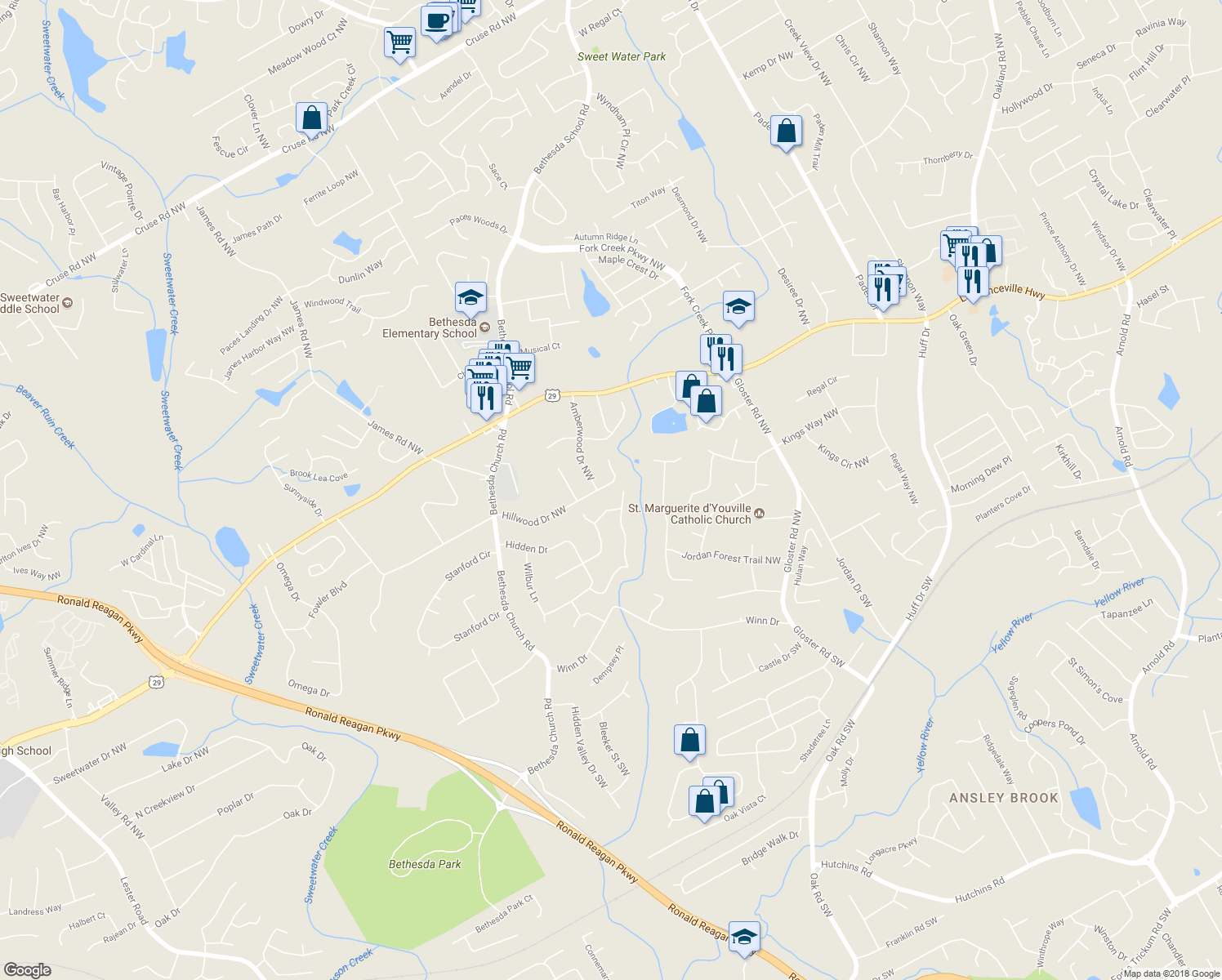 map of restaurants, bars, coffee shops, grocery stores, and more near 2952 Hillwood Drive Northwest in Lawrenceville