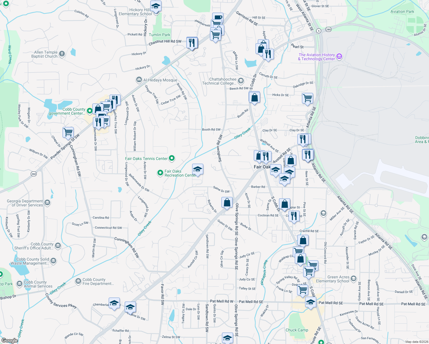 map of restaurants, bars, coffee shops, grocery stores, and more near 1382 Sandtown Green Southwest in Marietta