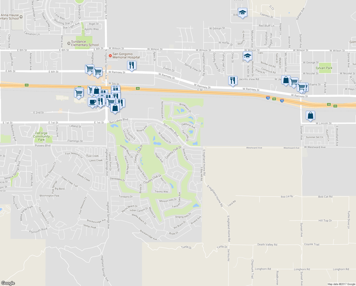 map of restaurants, bars, coffee shops, grocery stores, and more near 5062 Riviera Avenue in Banning