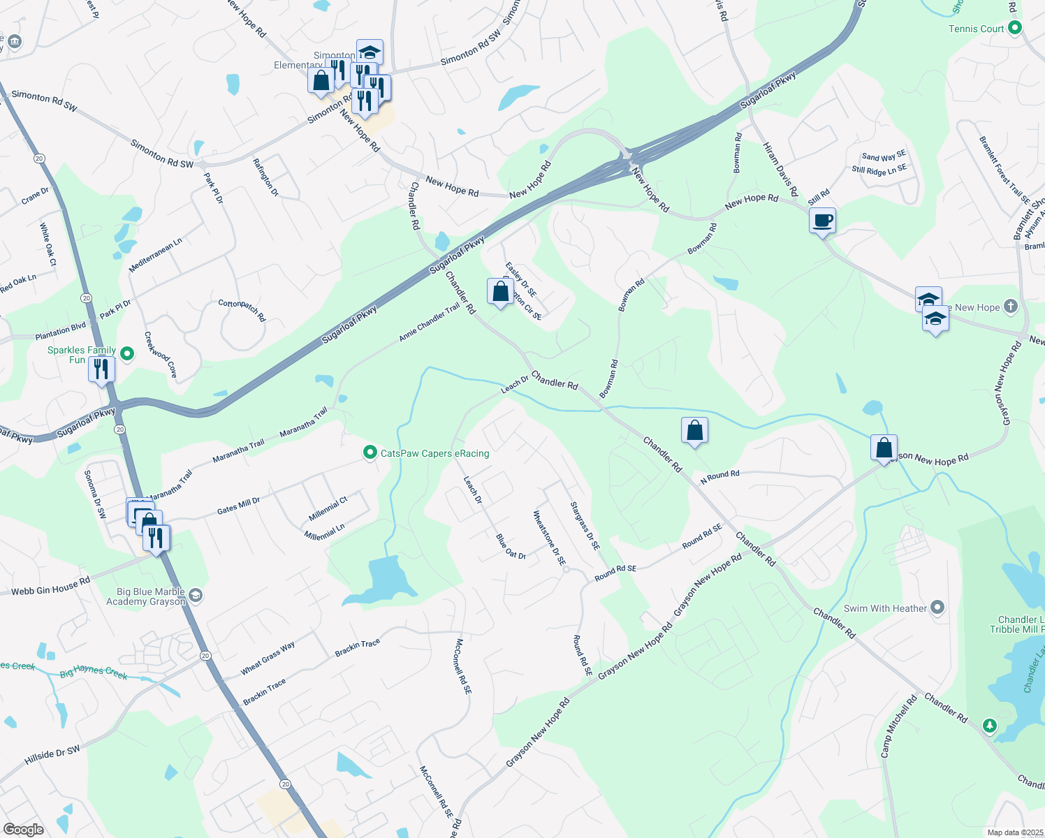 map of restaurants, bars, coffee shops, grocery stores, and more near 414 Silver Top Drive Southeast in Grayson