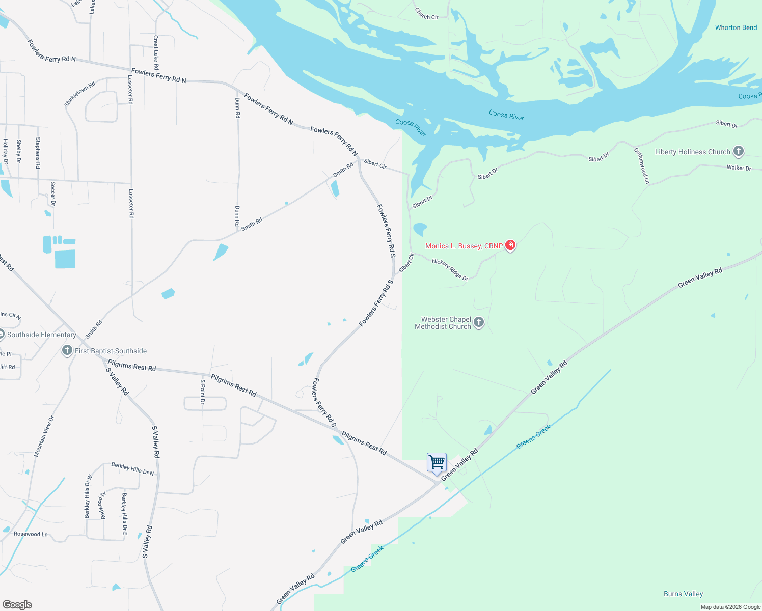 map of restaurants, bars, coffee shops, grocery stores, and more near 2215 Fowlers Ferry Road South in Gadsden