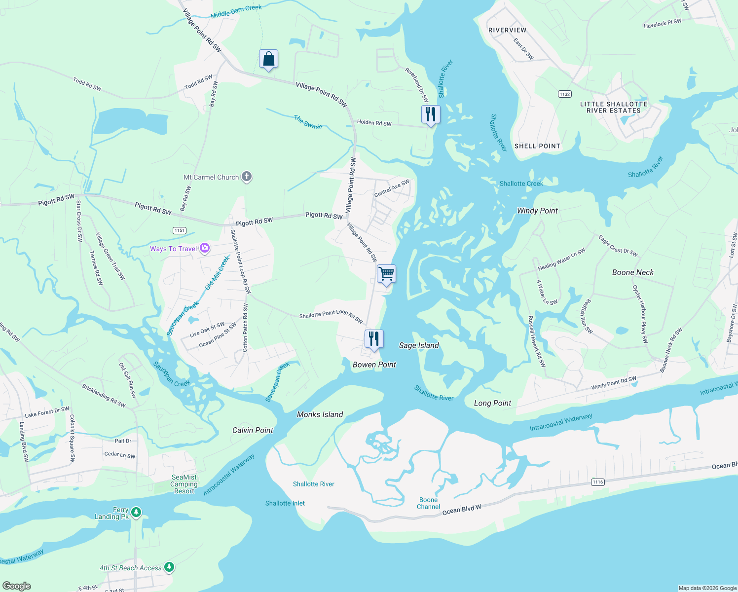 map of restaurants, bars, coffee shops, grocery stores, and more near 1651 Village Point Rd SW in Shallotte