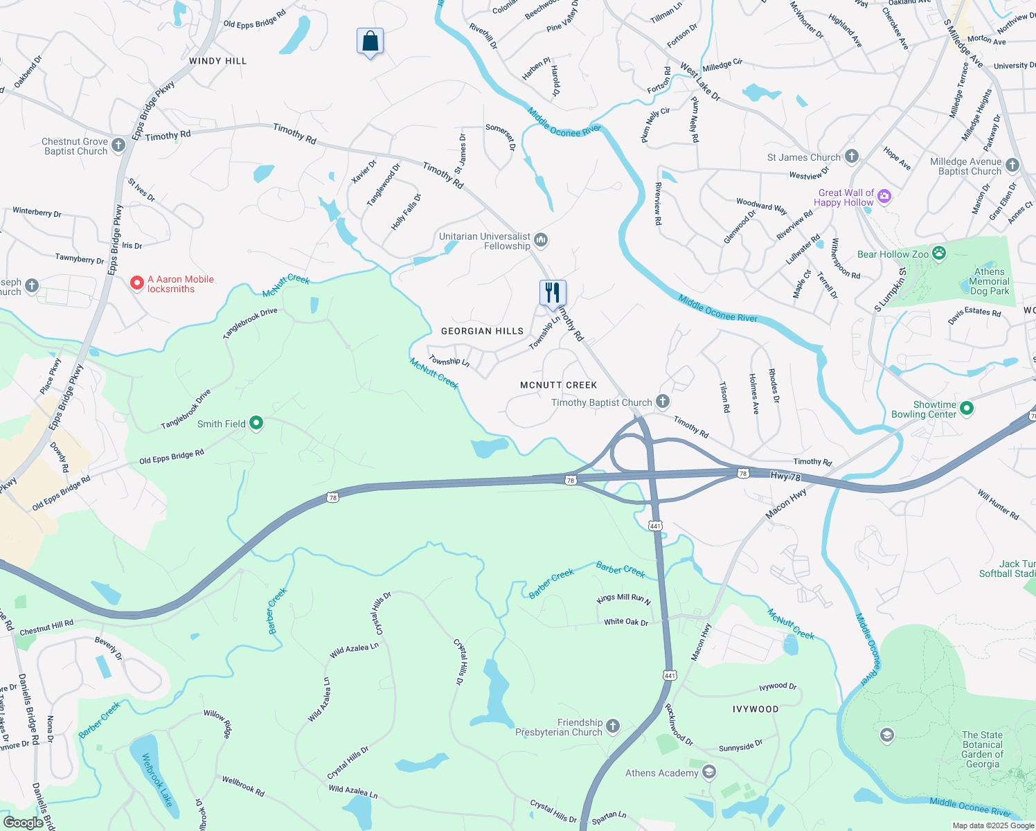 map of restaurants, bars, coffee shops, grocery stores, and more near 335 Greystone Terrace in Athens