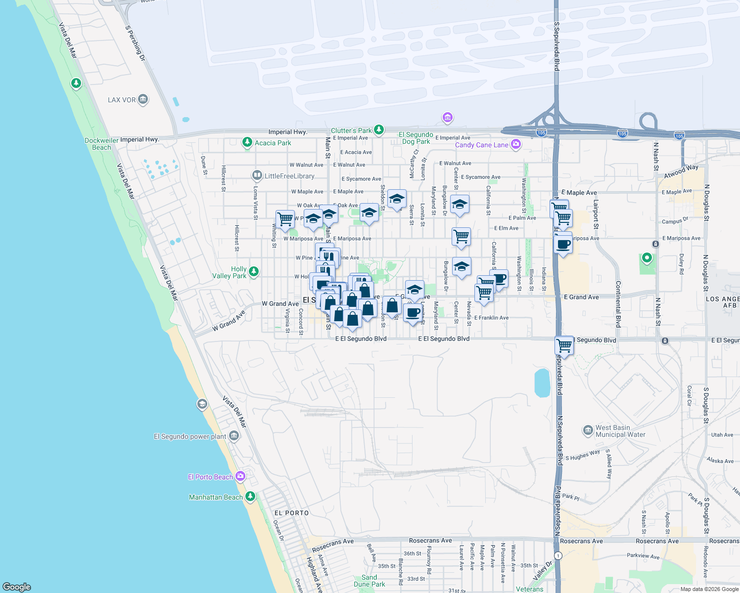 map of restaurants, bars, coffee shops, grocery stores, and more near Arena Street in El Segundo