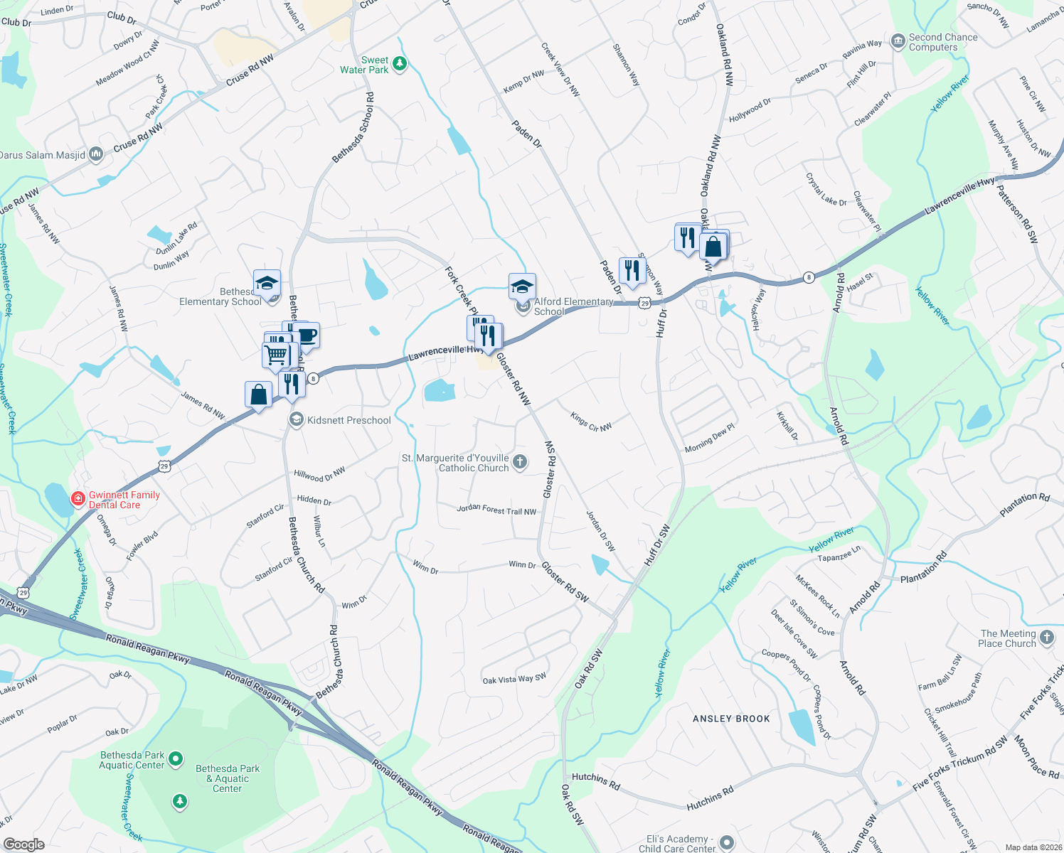 map of restaurants, bars, coffee shops, grocery stores, and more near 153 Gloster Road Northwest in Lawrenceville