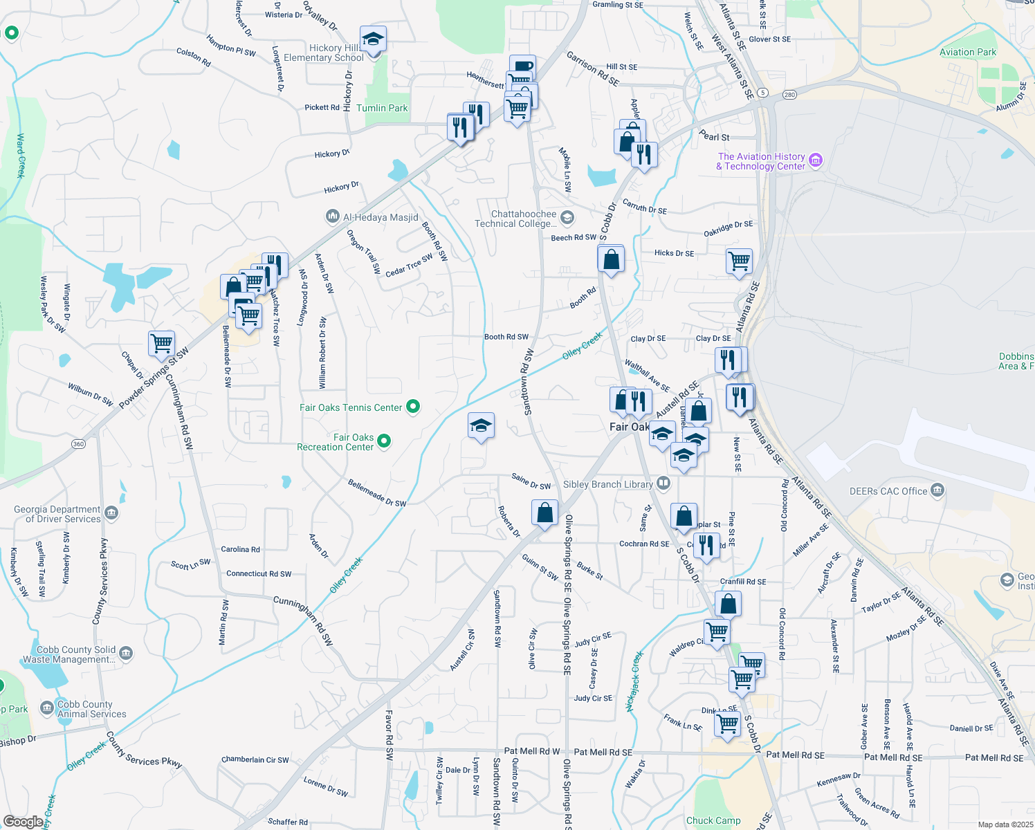 map of restaurants, bars, coffee shops, grocery stores, and more near 1376 Sandtown Road Southwest in Marietta