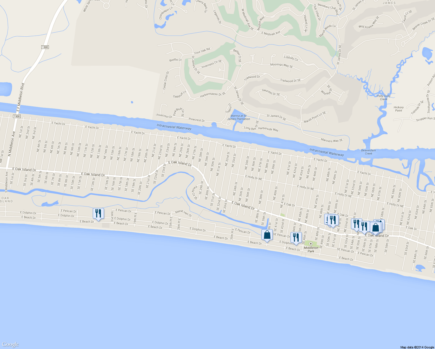 map of restaurants, bars, coffee shops, grocery stores, and more near 128 Northeast 31st Street in Oak Island