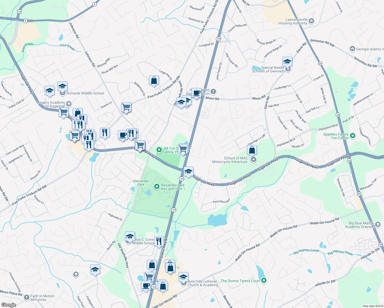 map of restaurants, bars, coffee shops, grocery stores, and more near 851 Scenic Park Court in Lawrenceville