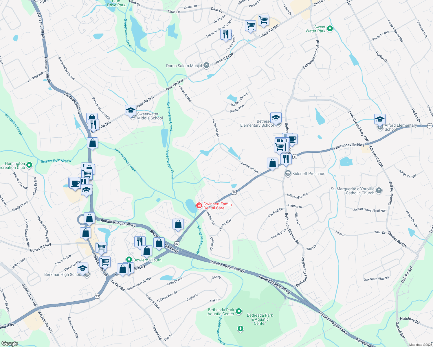 map of restaurants, bars, coffee shops, grocery stores, and more near 444 Laurel Springs Ct in Lawrenceville