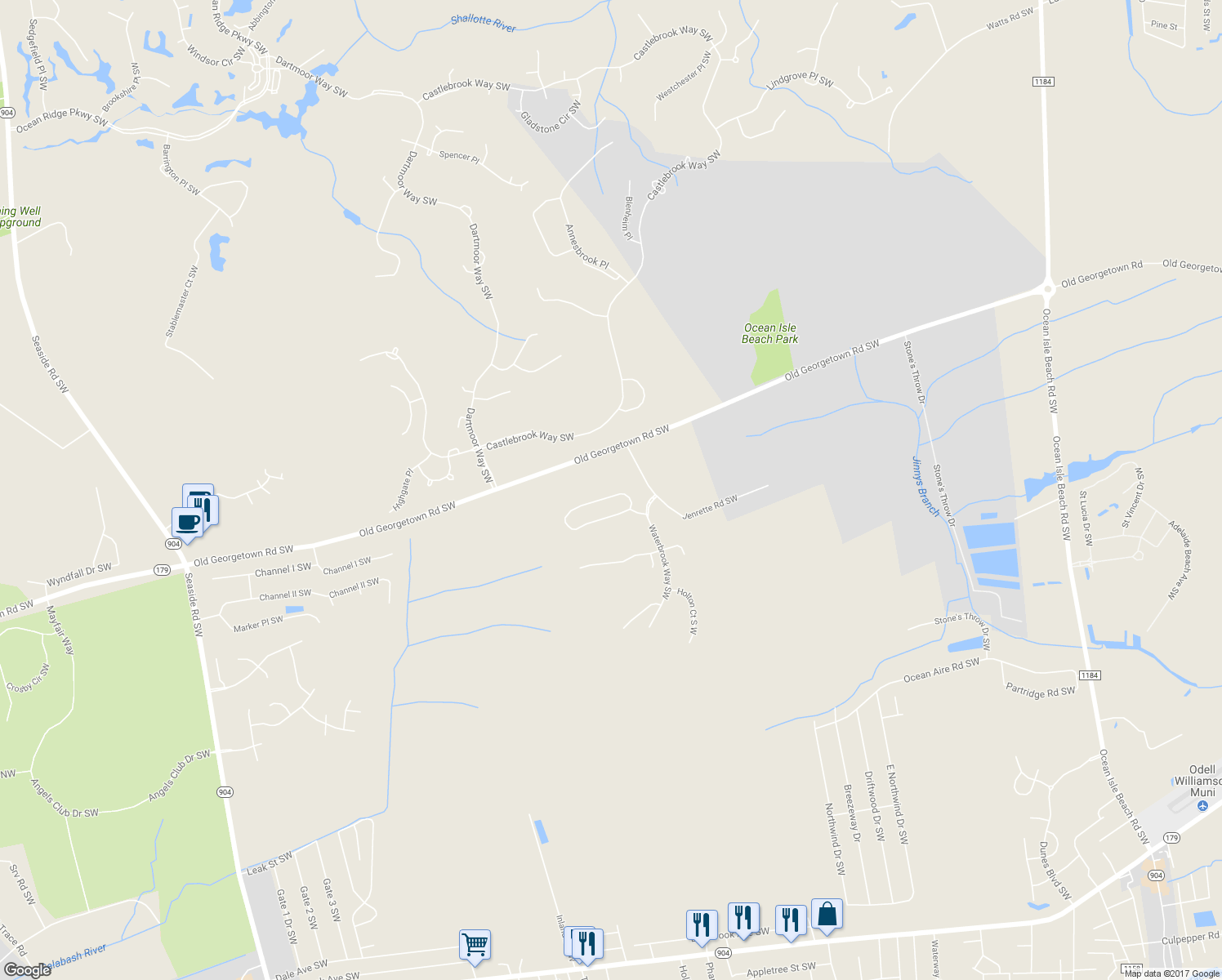 map of restaurants, bars, coffee shops, grocery stores, and more near 6822 Beckman Circle Southwest in Ocean Isle Beach