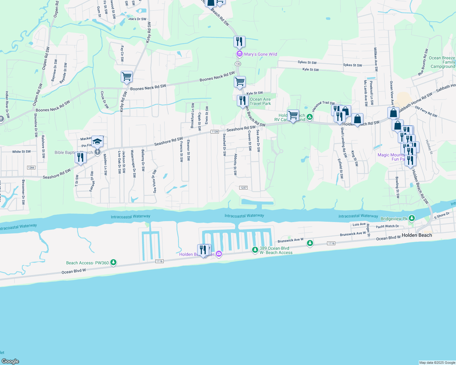 map of restaurants, bars, coffee shops, grocery stores, and more near 1974 Styron's Landing Road Southwest in Supply