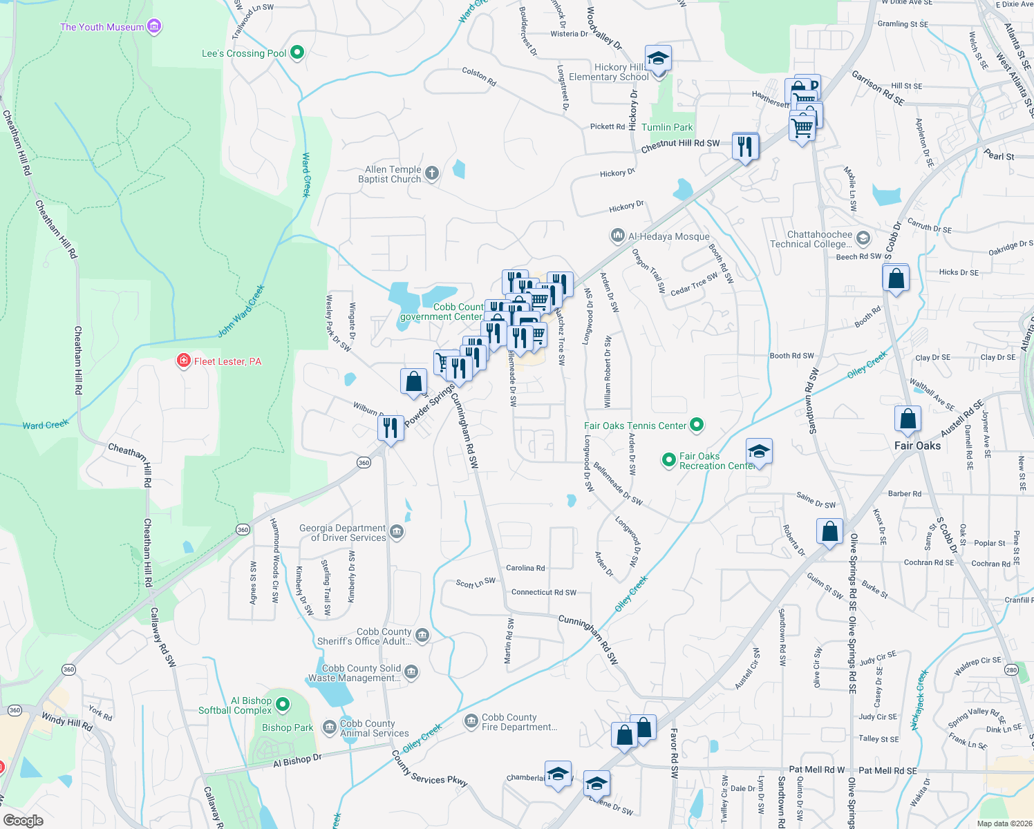 map of restaurants, bars, coffee shops, grocery stores, and more near 742 Springhollow Dr SW in Marietta