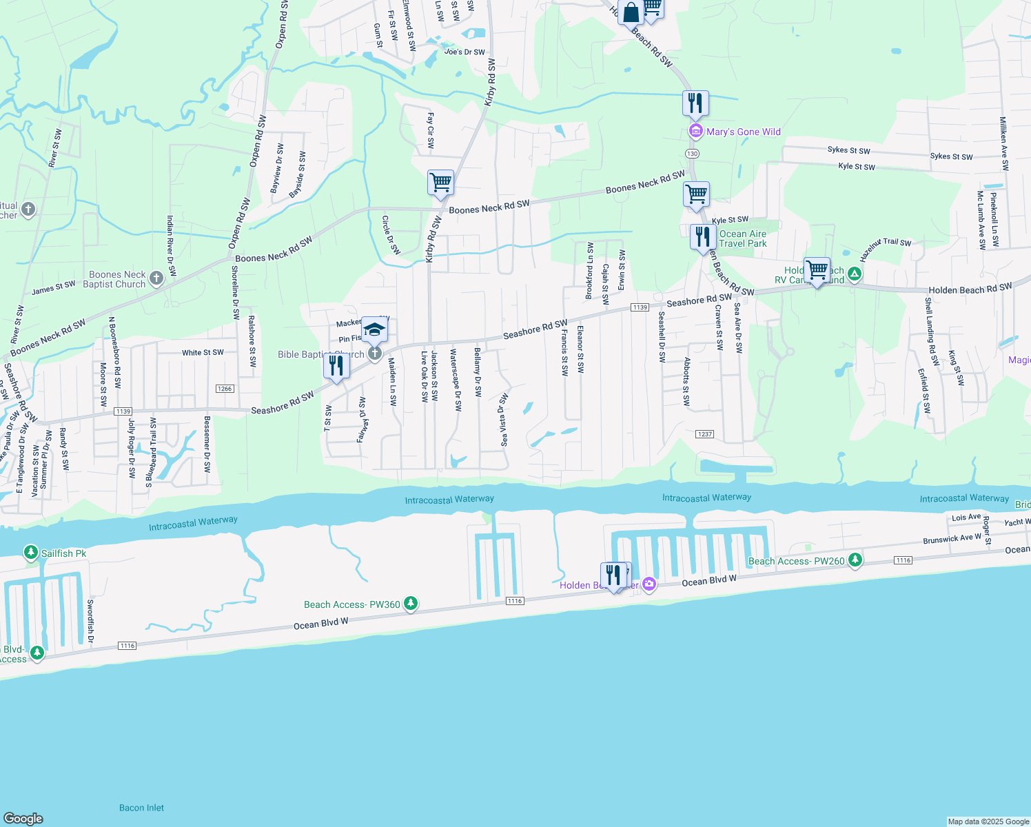 map of restaurants, bars, coffee shops, grocery stores, and more near 2285 E Sea Palm Court Southwest in Supply