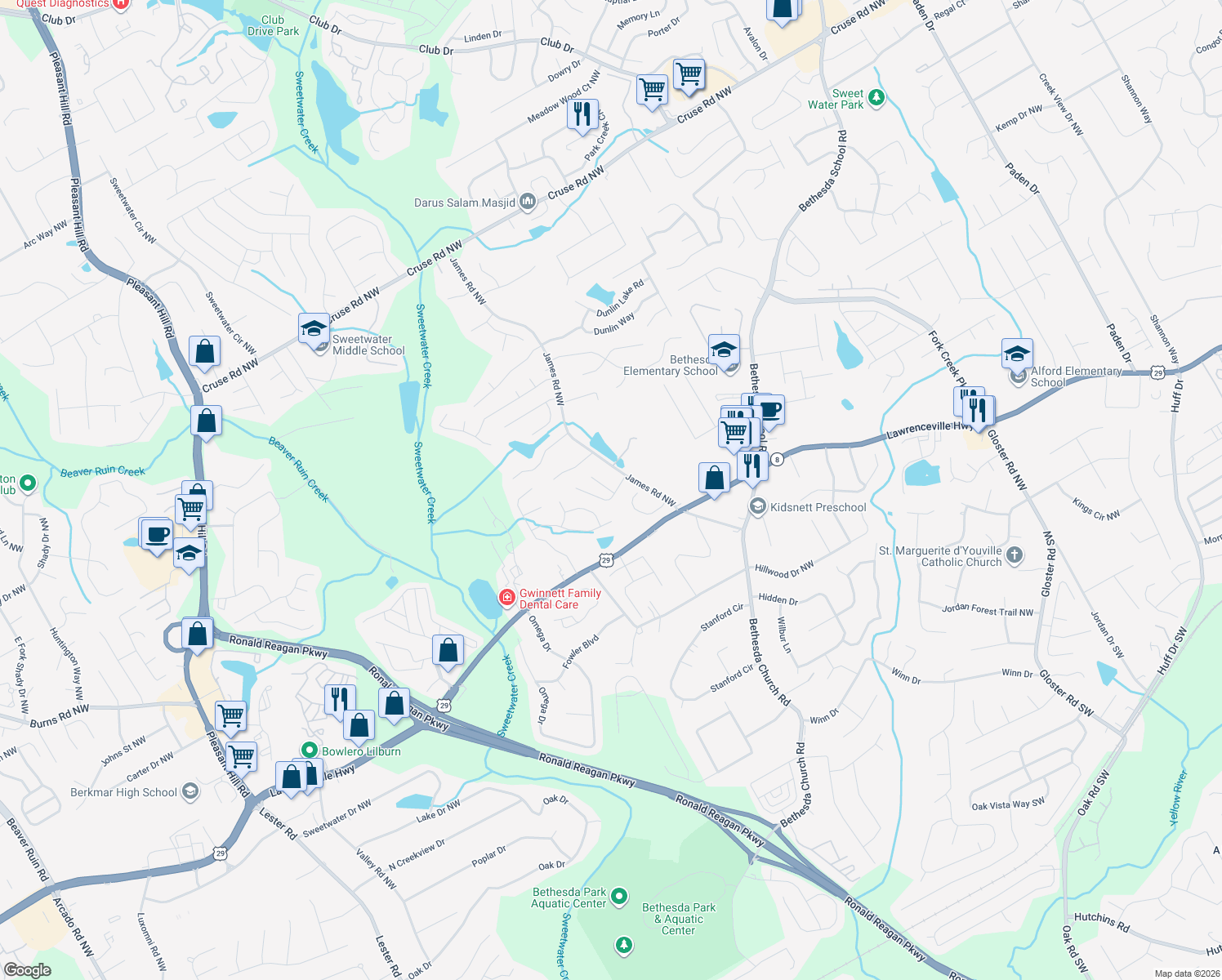 map of restaurants, bars, coffee shops, grocery stores, and more near 505 Saint James Court Northwest in Lawrenceville