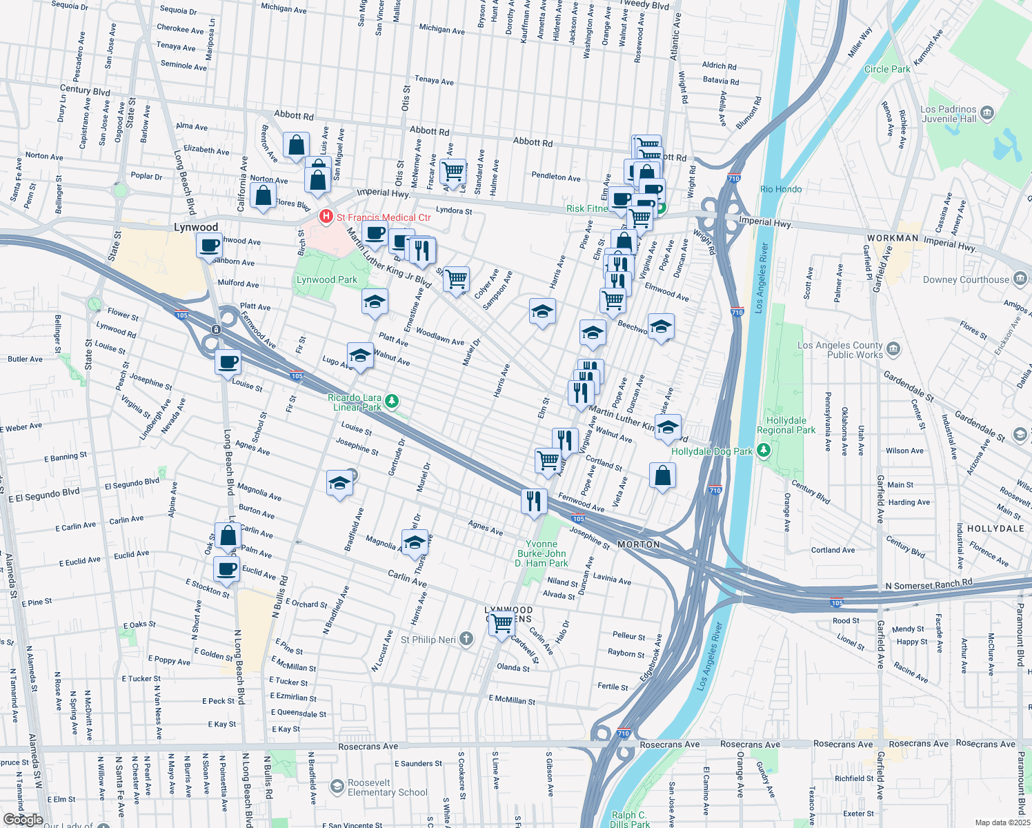 map of restaurants, bars, coffee shops, grocery stores, and more near 4245 Lugo Avenue in Lynwood