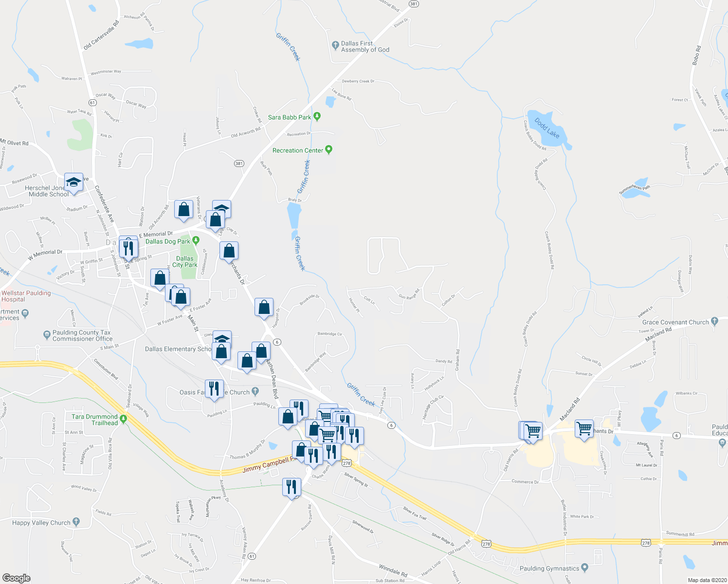 map of restaurants, bars, coffee shops, grocery stores, and more near 323 Gun Range Road in Dallas