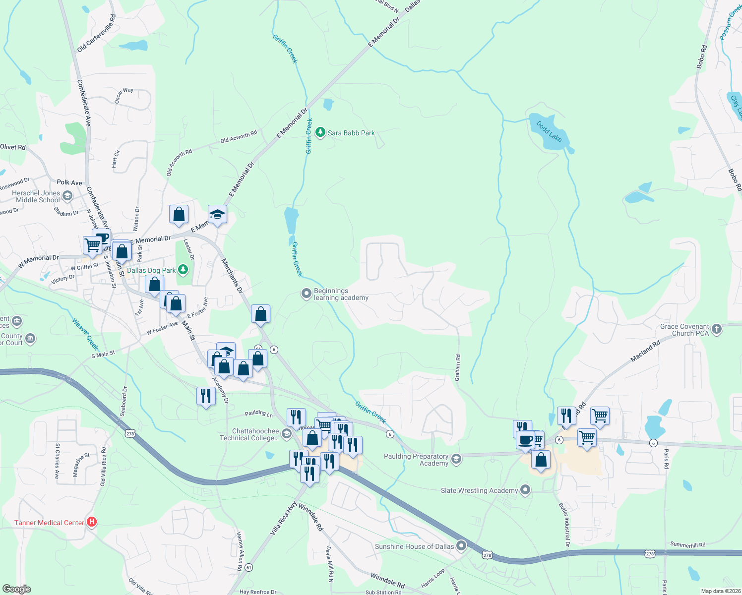 map of restaurants, bars, coffee shops, grocery stores, and more near 317 Gun Range Road in Dallas