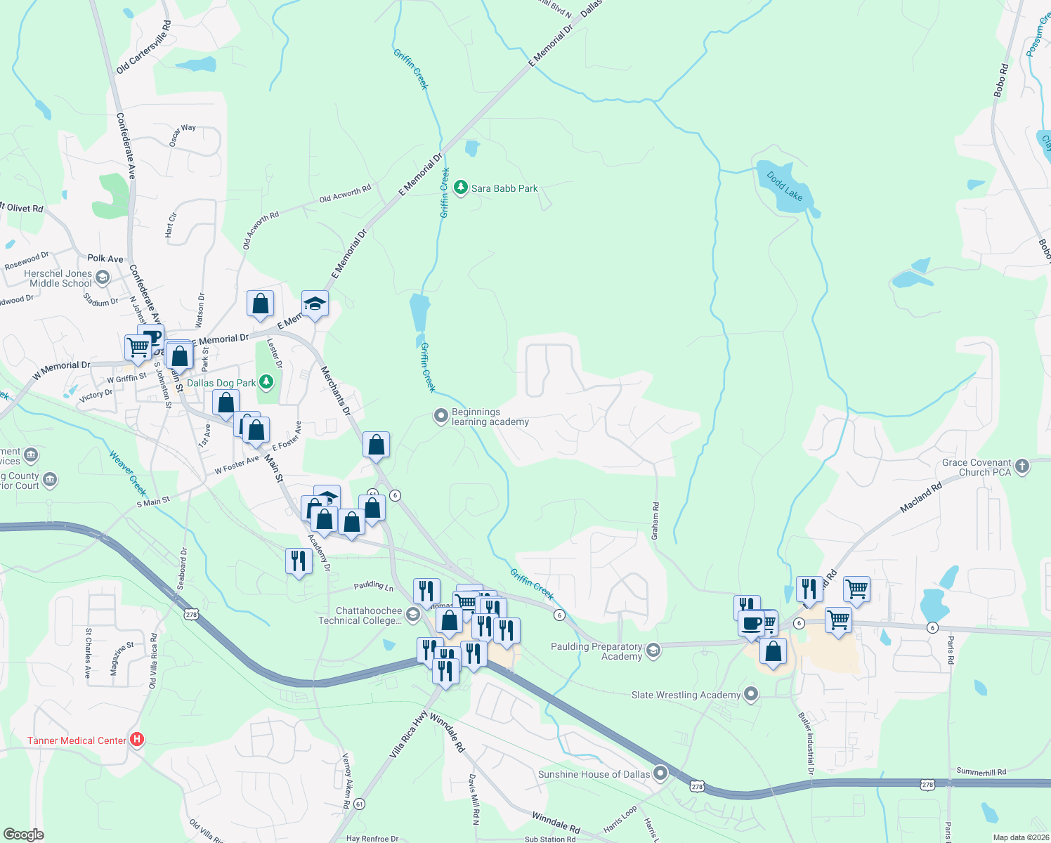 map of restaurants, bars, coffee shops, grocery stores, and more near 321 Gun Range Road in Dallas