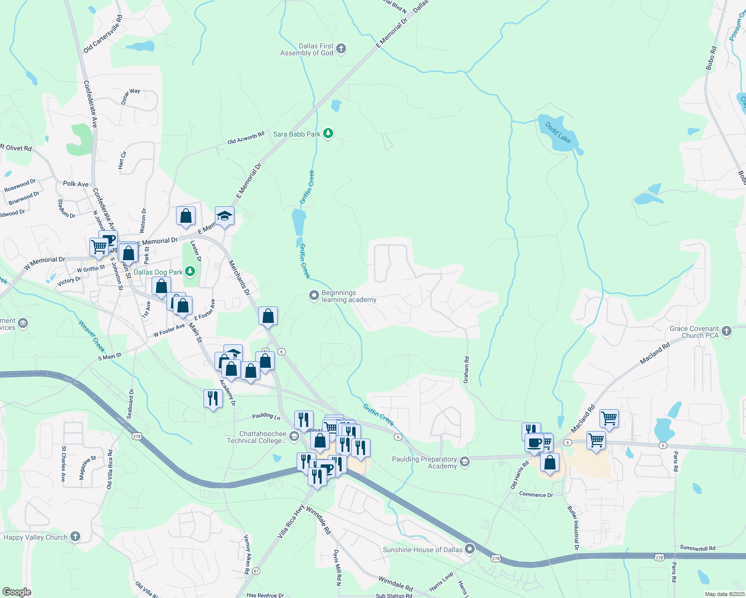 map of restaurants, bars, coffee shops, grocery stores, and more near 321 Gun Range Road in Dallas