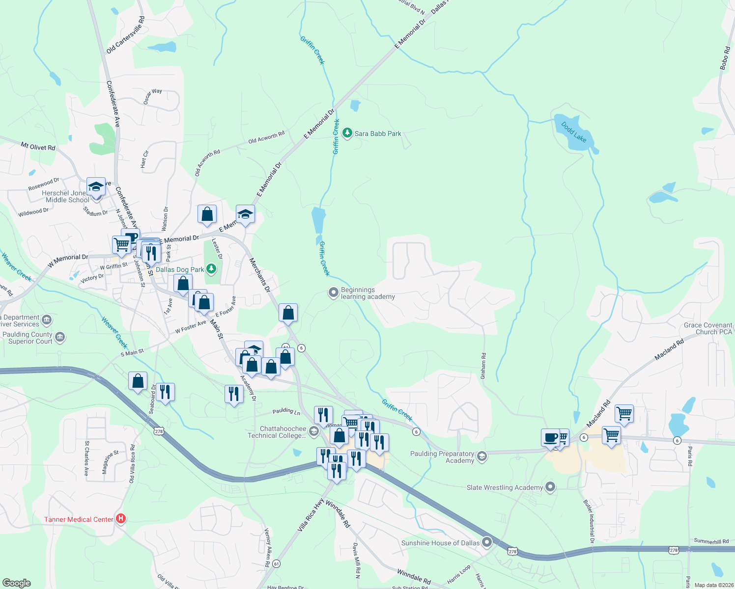 map of restaurants, bars, coffee shops, grocery stores, and more near 101 Browning Way in Dallas