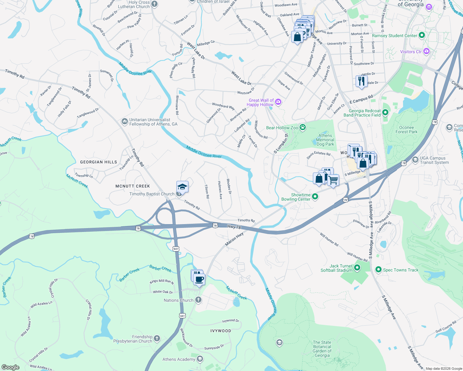 map of restaurants, bars, coffee shops, grocery stores, and more near 256 Rhodes Dr in Athens