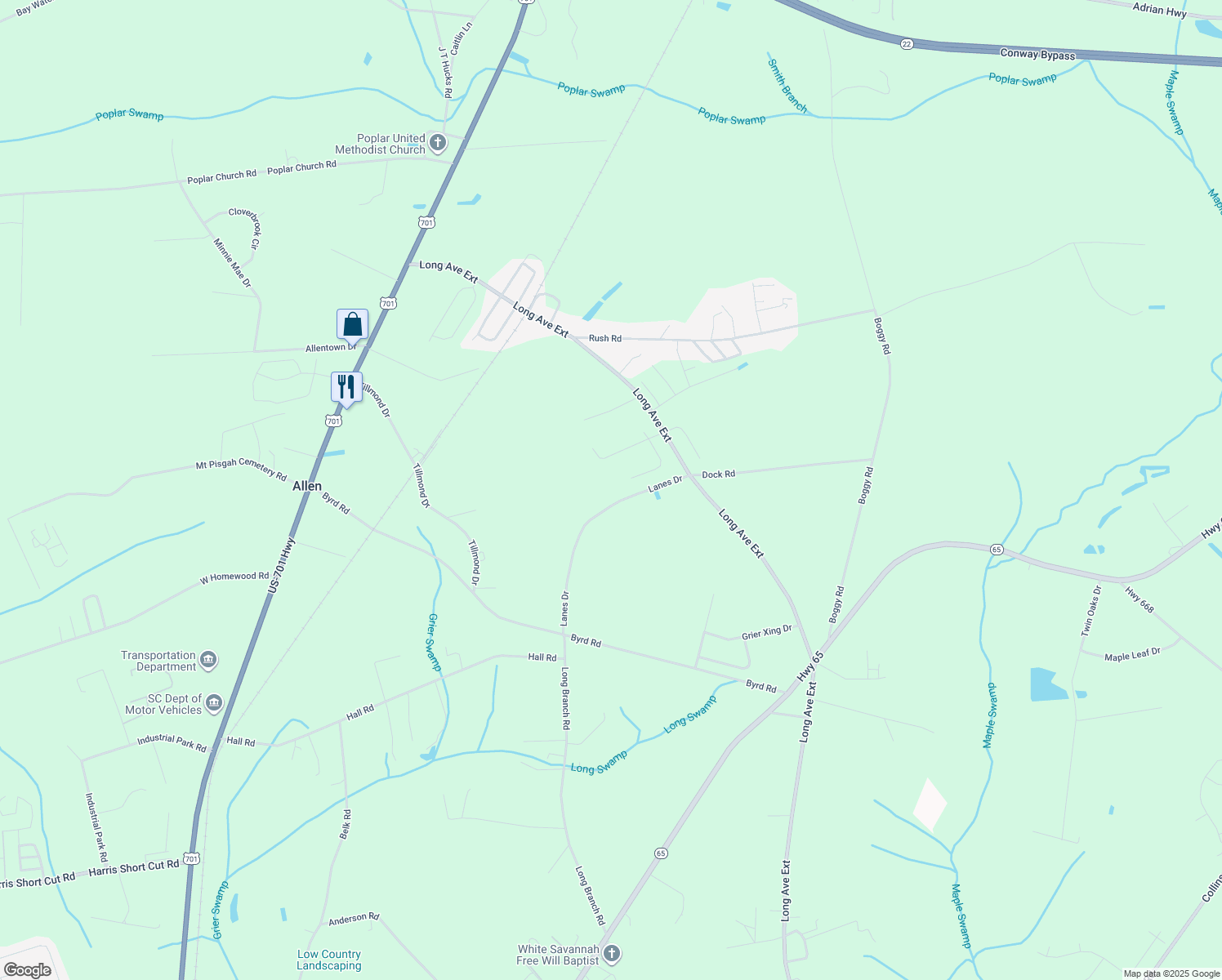 map of restaurants, bars, coffee shops, grocery stores, and more near 7057 Lanes Dr in Conway