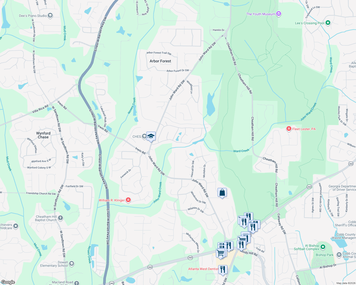 map of restaurants, bars, coffee shops, grocery stores, and more near 2223 Major Loring Way Southwest in Marietta