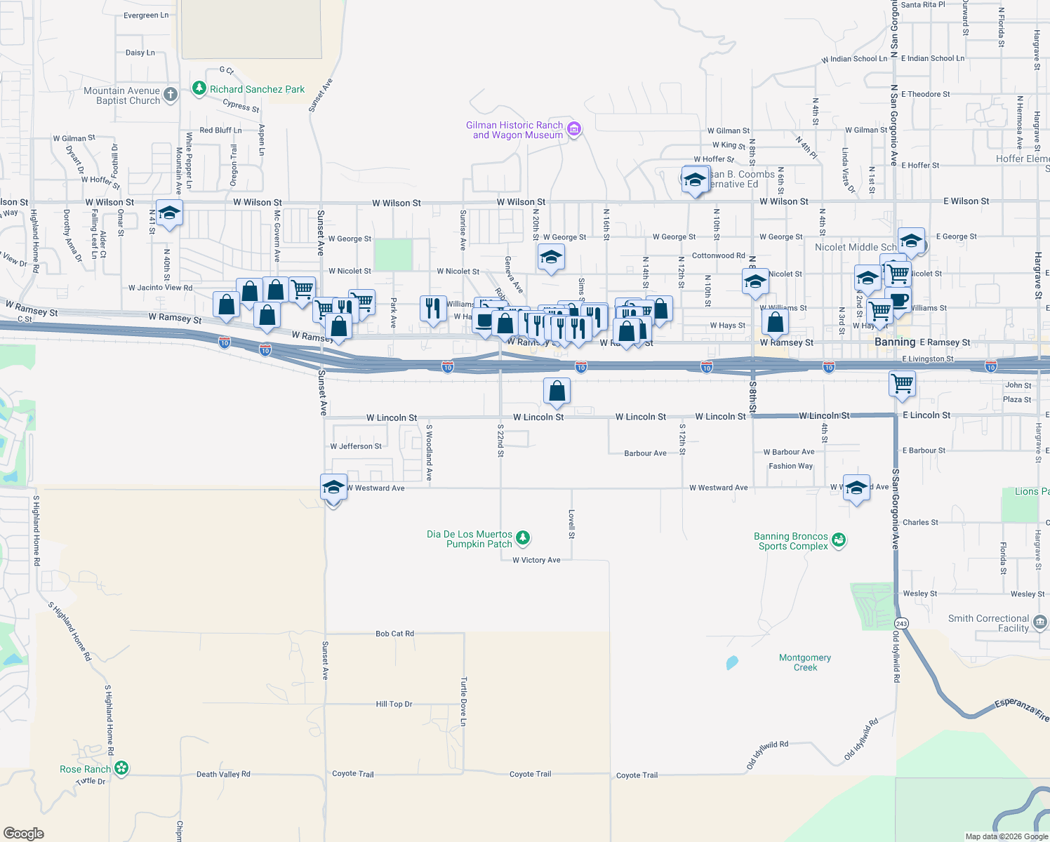 map of restaurants, bars, coffee shops, grocery stores, and more near 2062 West Lincoln Street in Banning