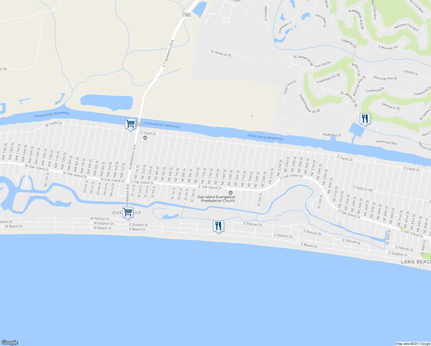 map of restaurants, bars, coffee shops, grocery stores, and more near 117 Northeast 13th Street in Oak Island