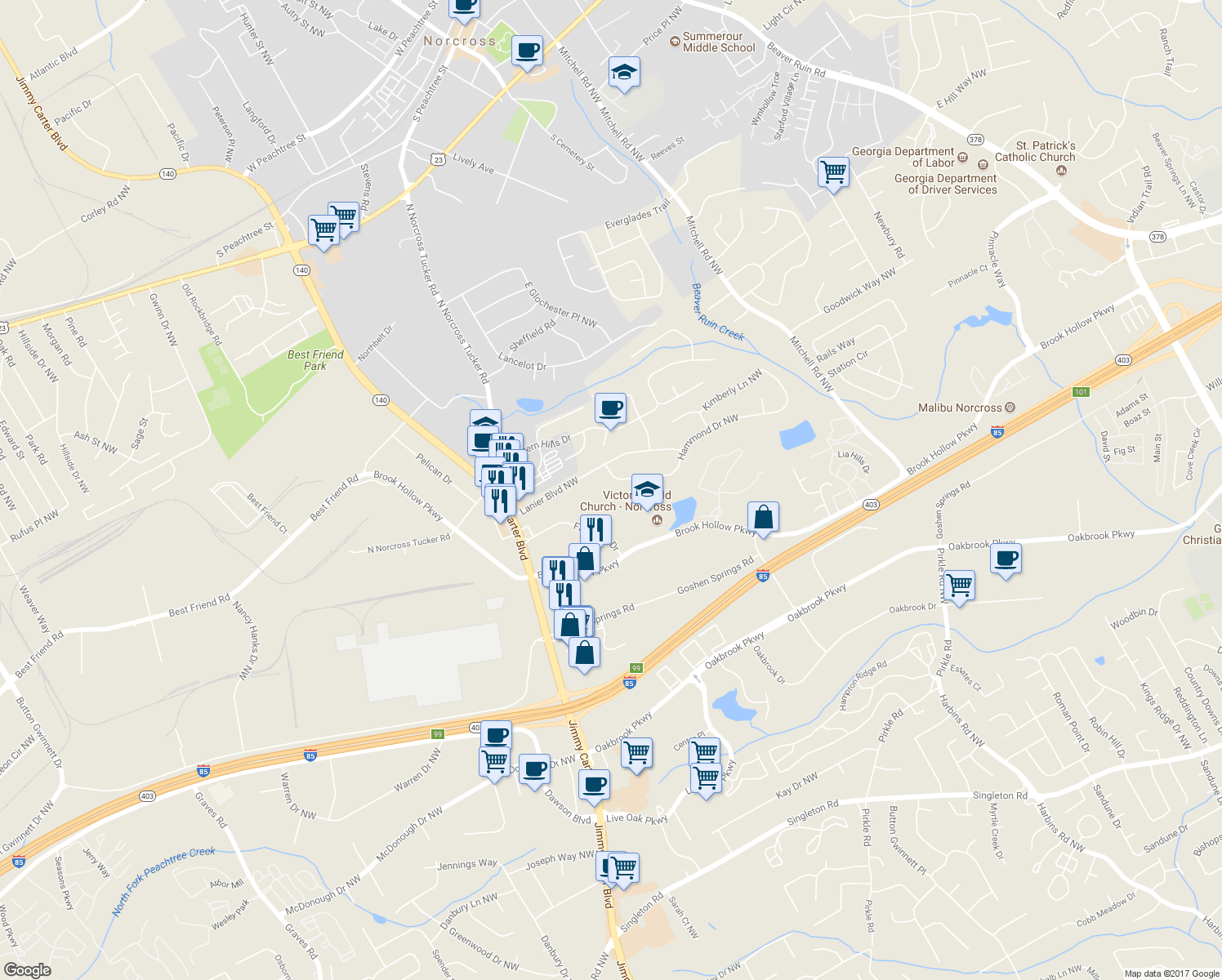 map of restaurants, bars, coffee shops, grocery stores, and more near 5926 Hammond Drive Northwest in Norcross