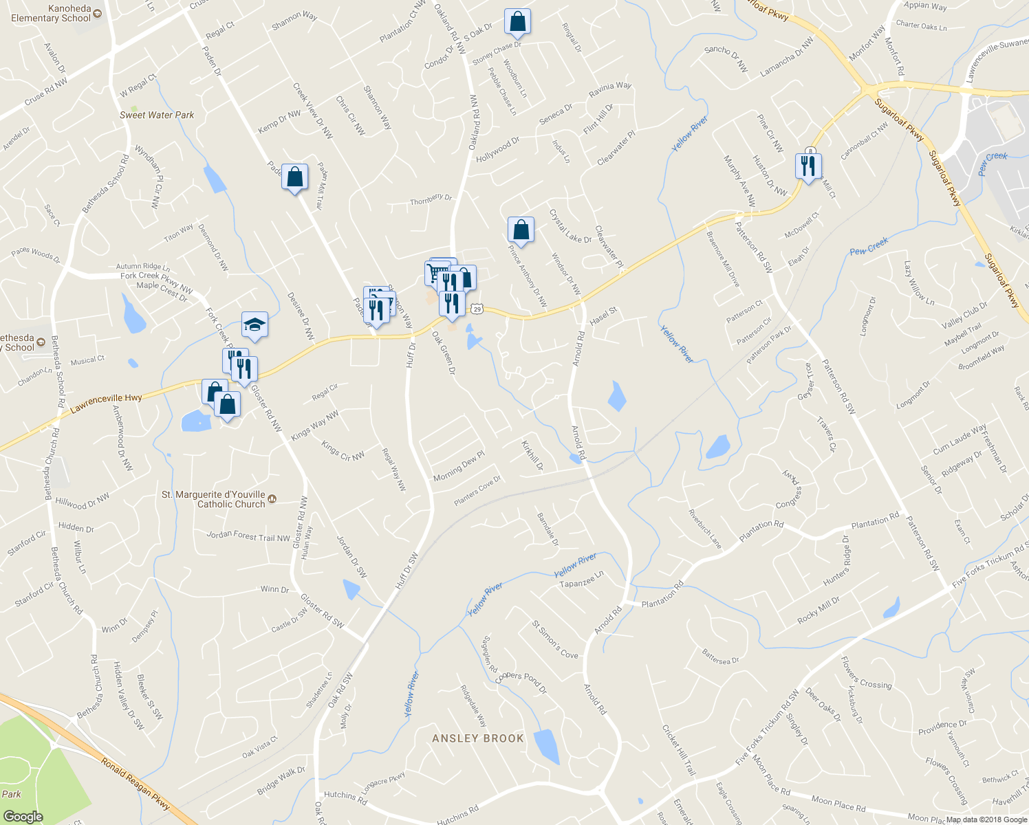 map of restaurants, bars, coffee shops, grocery stores, and more near 2444 Stancrest Lane in Lawrenceville