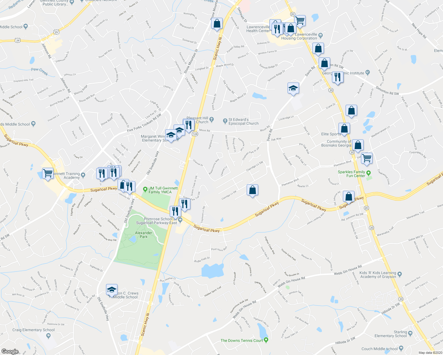 map of restaurants, bars, coffee shops, grocery stores, and more near 891 Channel Drive in Lawrenceville