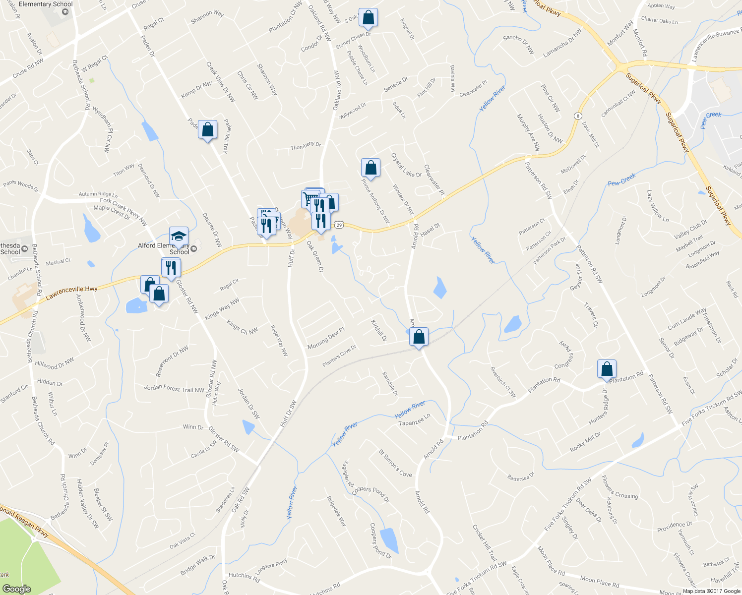 map of restaurants, bars, coffee shops, grocery stores, and more near 2447 Stancrest Lane in Lawrenceville