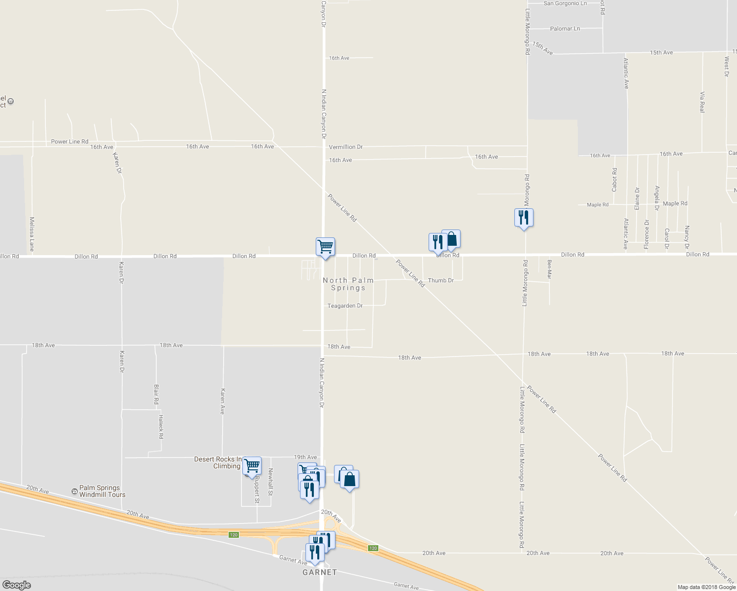 map of restaurants, bars, coffee shops, grocery stores, and more near 17401 Louise Street in North Palm Springs