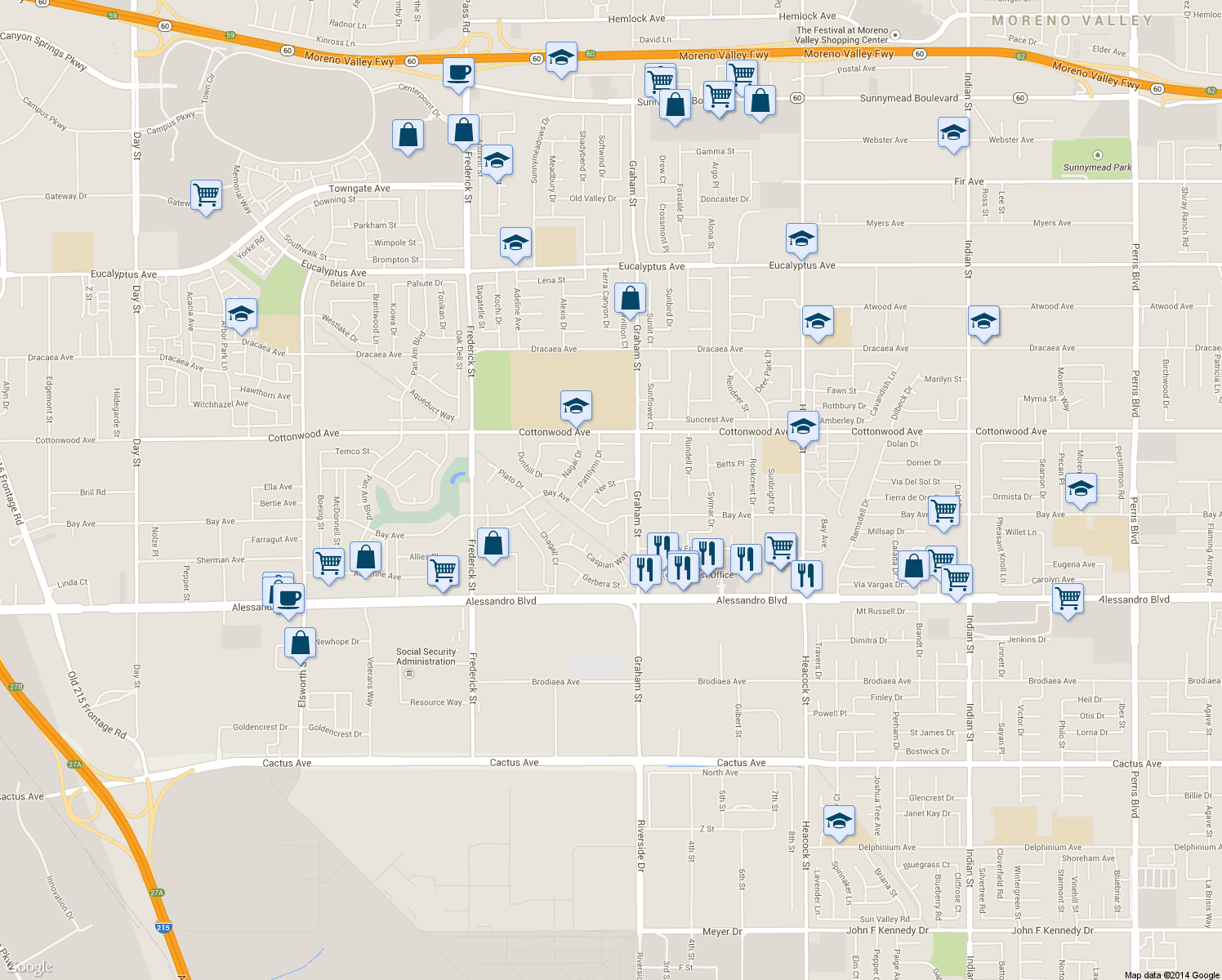 map of restaurants, bars, coffee shops, grocery stores, and more near 23389 Yee Street in Moreno Valley