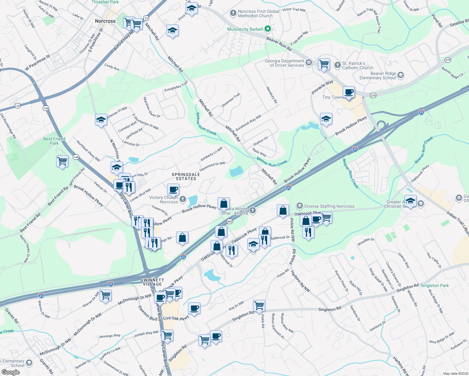 map of restaurants, bars, coffee shops, grocery stores, and more near 5740 Hollow Ridge Lane in Norcross
