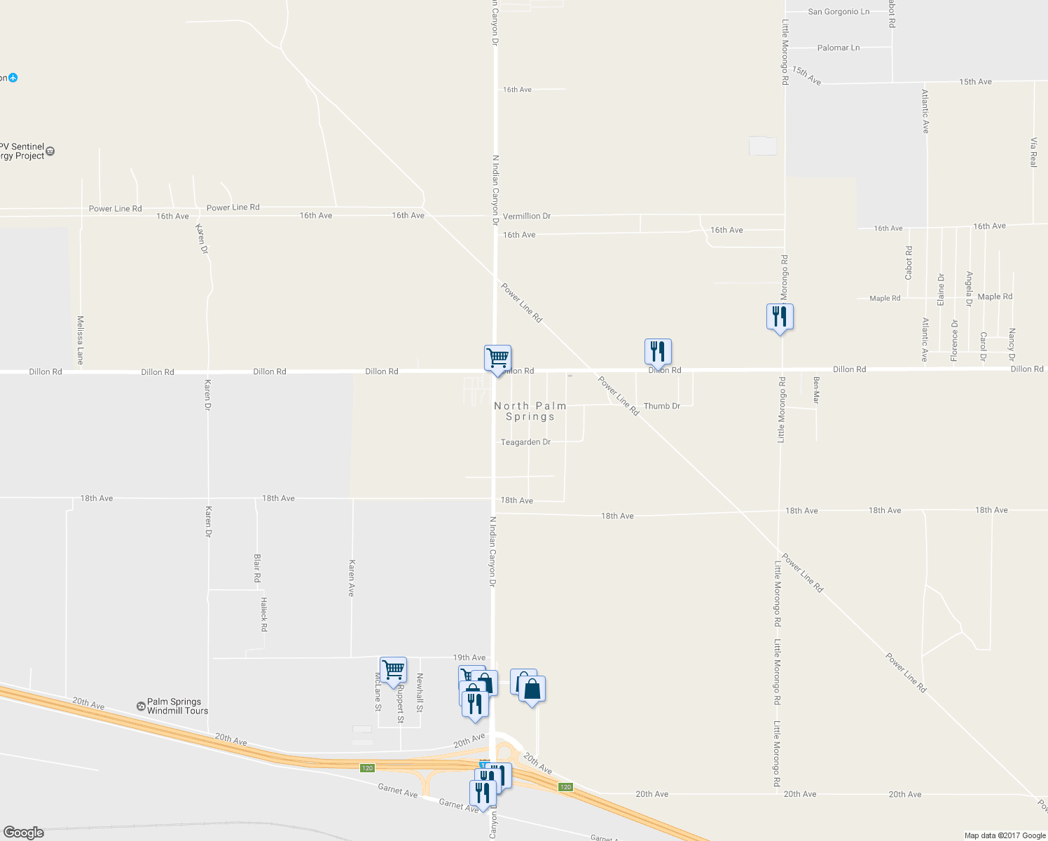 map of restaurants, bars, coffee shops, grocery stores, and more near 17349 Sanborn Street in North Palm Springs