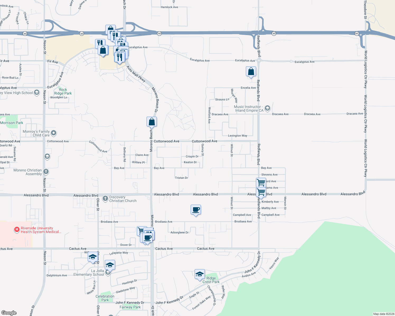 map of restaurants, bars, coffee shops, grocery stores, and more near 28445 Crispin Dr in Moreno Valley