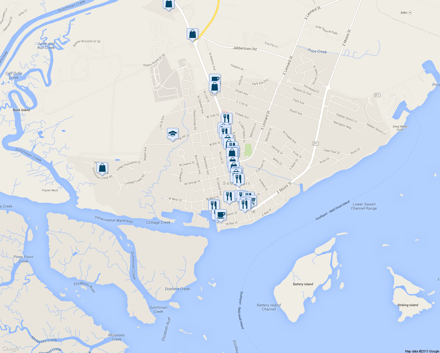 map of restaurants, bars, coffee shops, grocery stores, and more near 209 West George Street in Southport