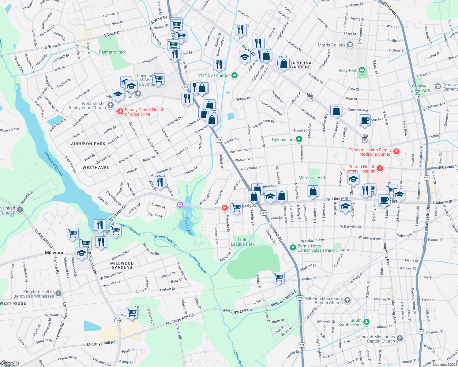 map of restaurants, bars, coffee shops, grocery stores, and more near 45 Calhoun Drive in Sumter