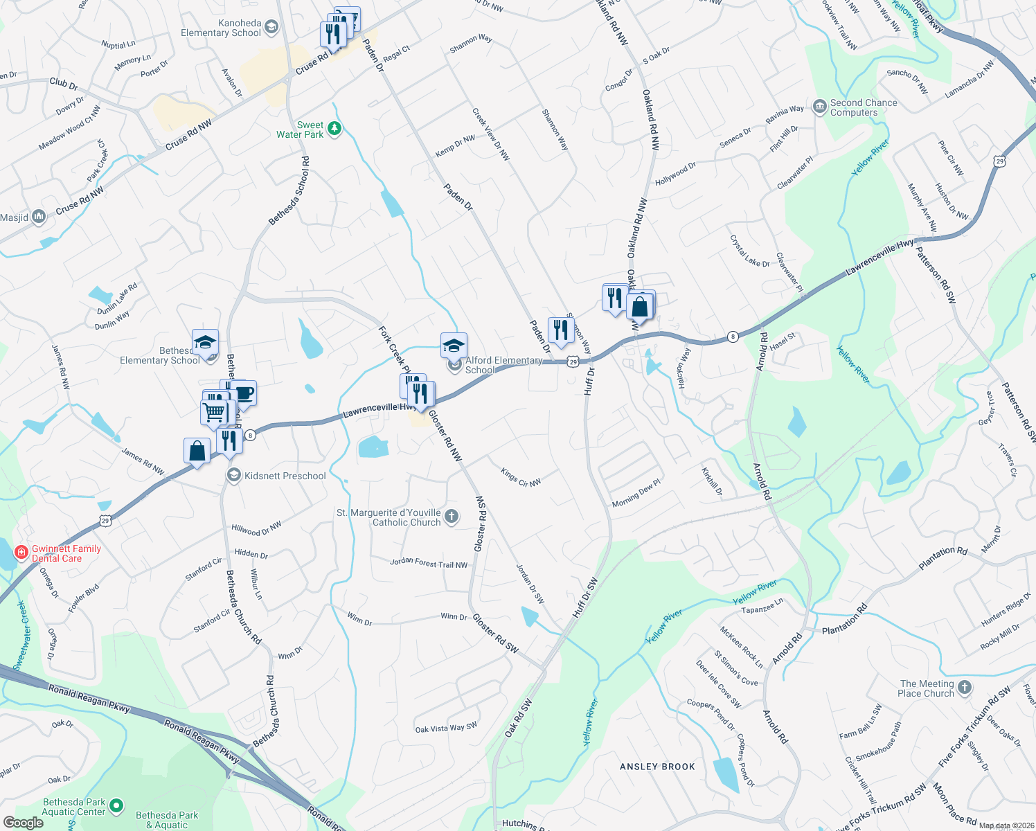 map of restaurants, bars, coffee shops, grocery stores, and more near 2574 Regal Cir in Lawrenceville