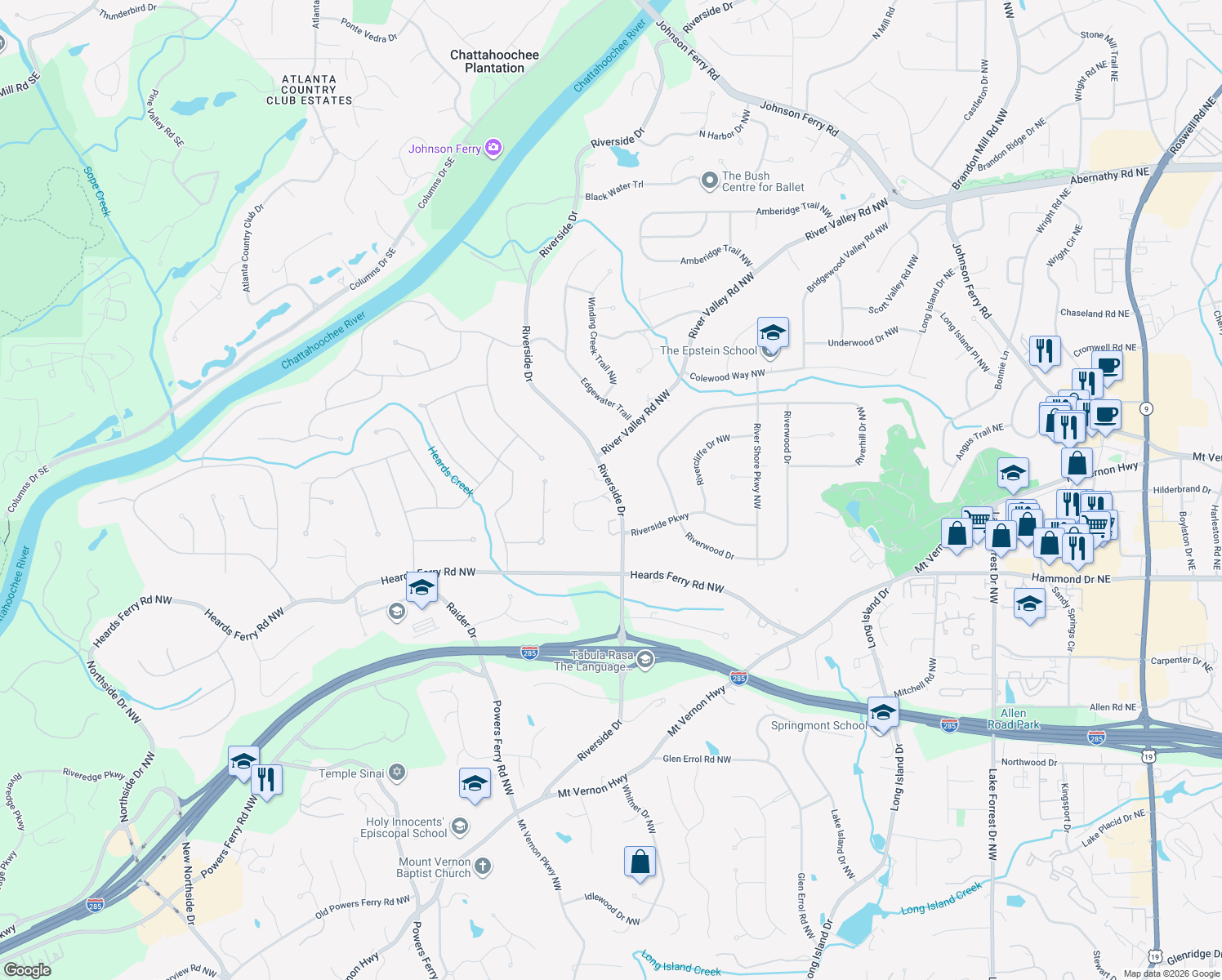 map of restaurants, bars, coffee shops, grocery stores, and more near 35 Old Stratton Chase in Sandy Springs