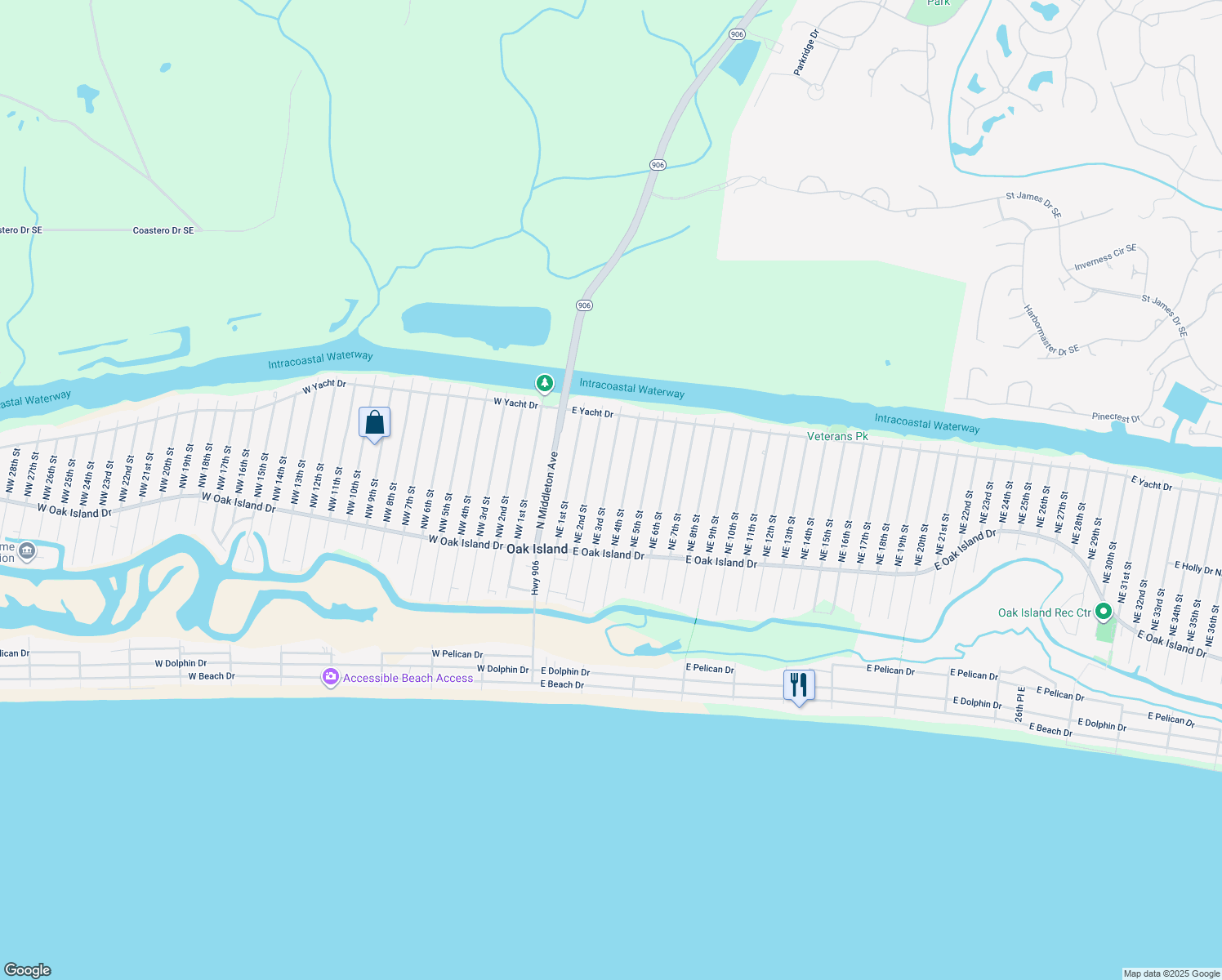 map of restaurants, bars, coffee shops, grocery stores, and more near 132 Northeast 3rd Street in Oak Island