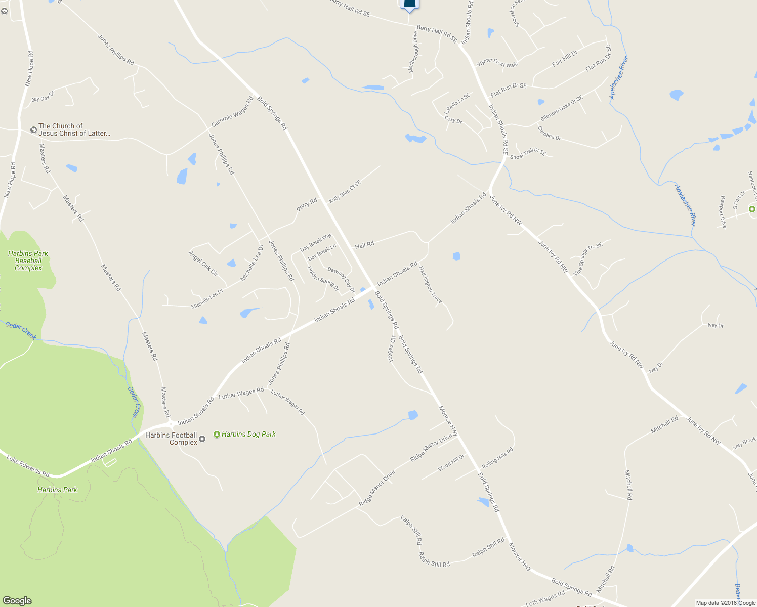 map of restaurants, bars, coffee shops, grocery stores, and more near 3049 Bold Springs Road in Dacula