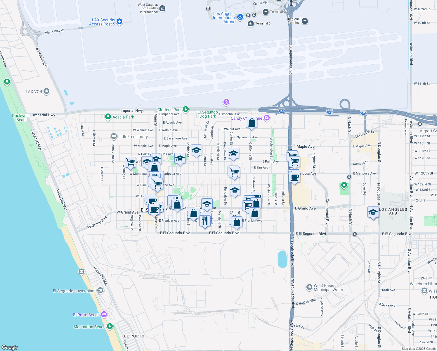 map of restaurants, bars, coffee shops, grocery stores, and more near 828 East Mariposa Avenue in El Segundo
