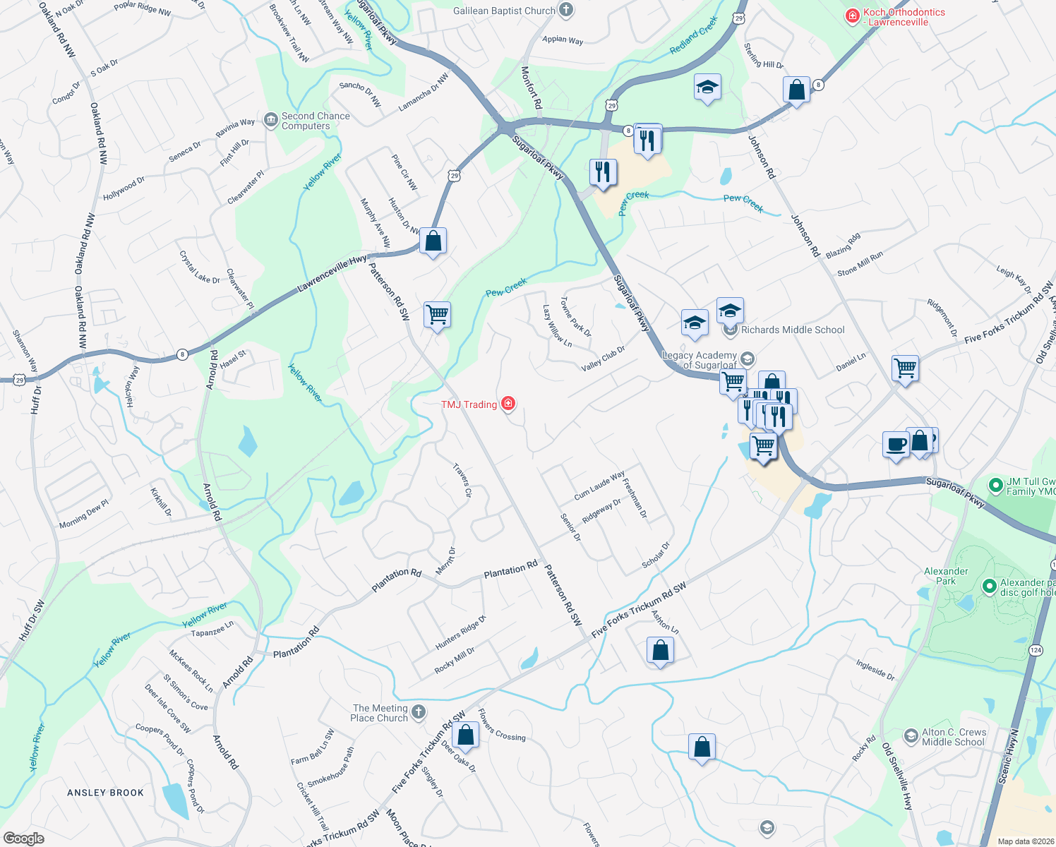 map of restaurants, bars, coffee shops, grocery stores, and more near 3705 Creek Circle Dove in Lawrenceville
