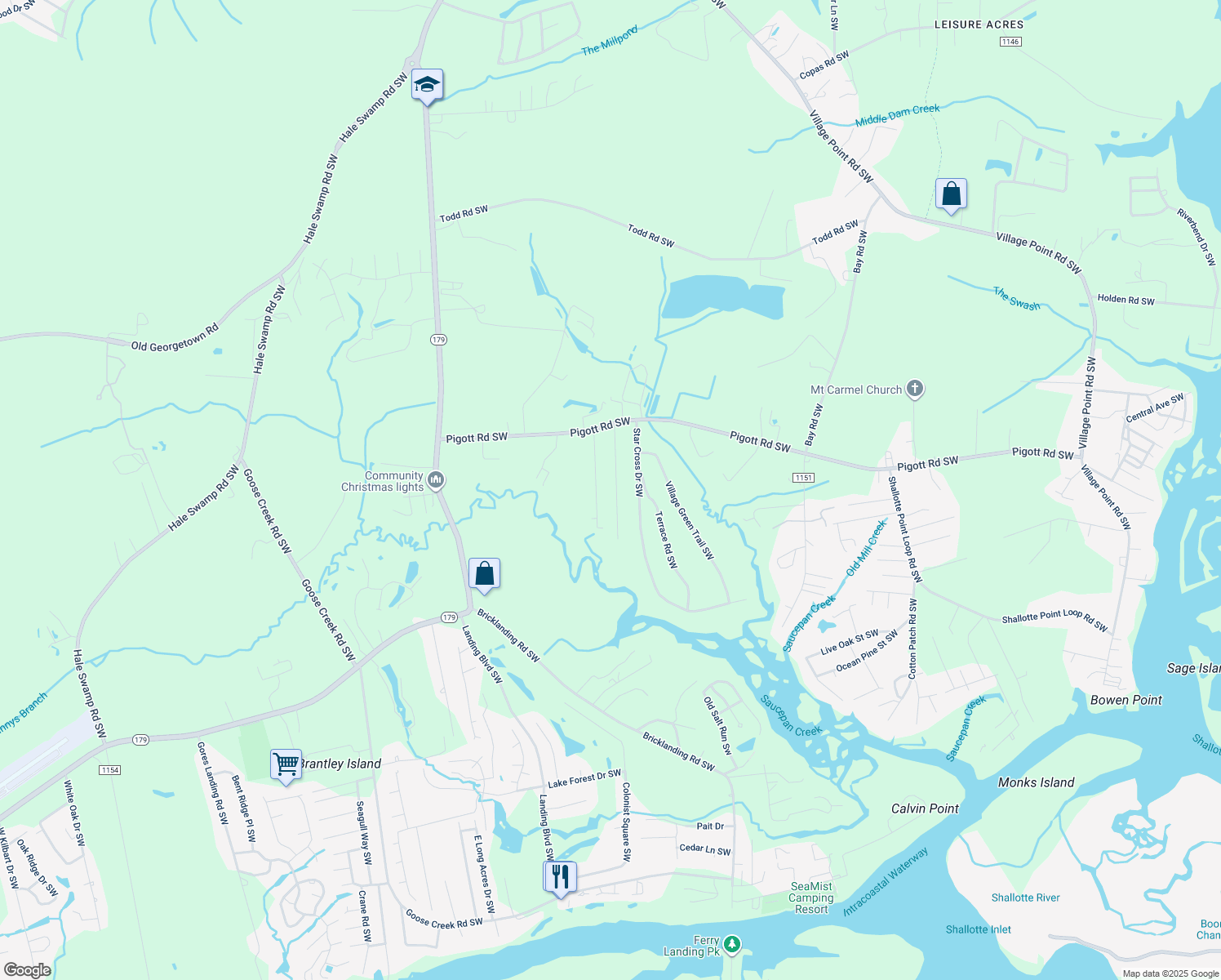 map of restaurants, bars, coffee shops, grocery stores, and more near 1295 Rock Crab Way Southwest in Shallotte
