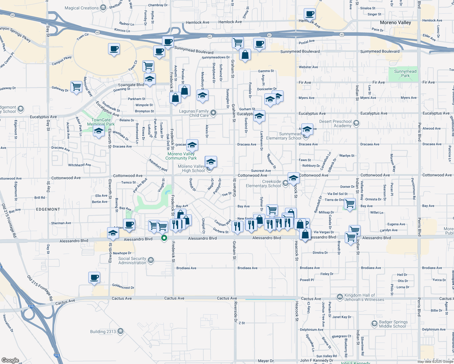map of restaurants, bars, coffee shops, grocery stores, and more near 23437 Challis Court in Moreno Valley