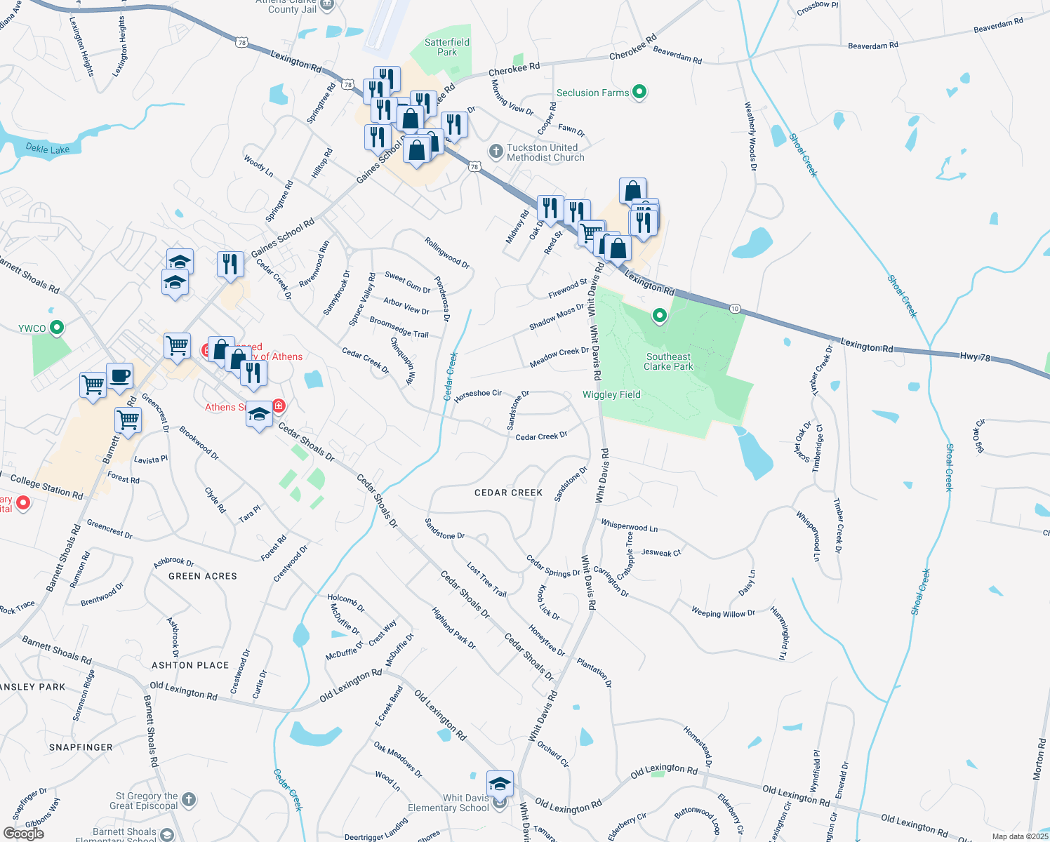 map of restaurants, bars, coffee shops, grocery stores, and more near 110 Orchard Knob Lane in Athens